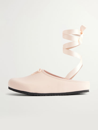 Cream Square-Toe Front Bow Backless And Ankle Strap Flats