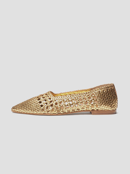 Metallic Gold Woven Vegan Leather Pointed-Toe Cutout Slip-On Flats