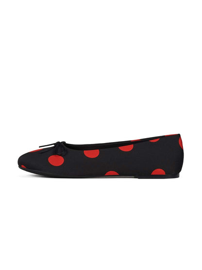 Black Satin With Red Spot Round-Toe Front Bow Slip-On Ballet Flats