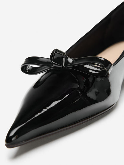 Black Patent Leather Pointed-Toe Front Bow Slip-On Flats