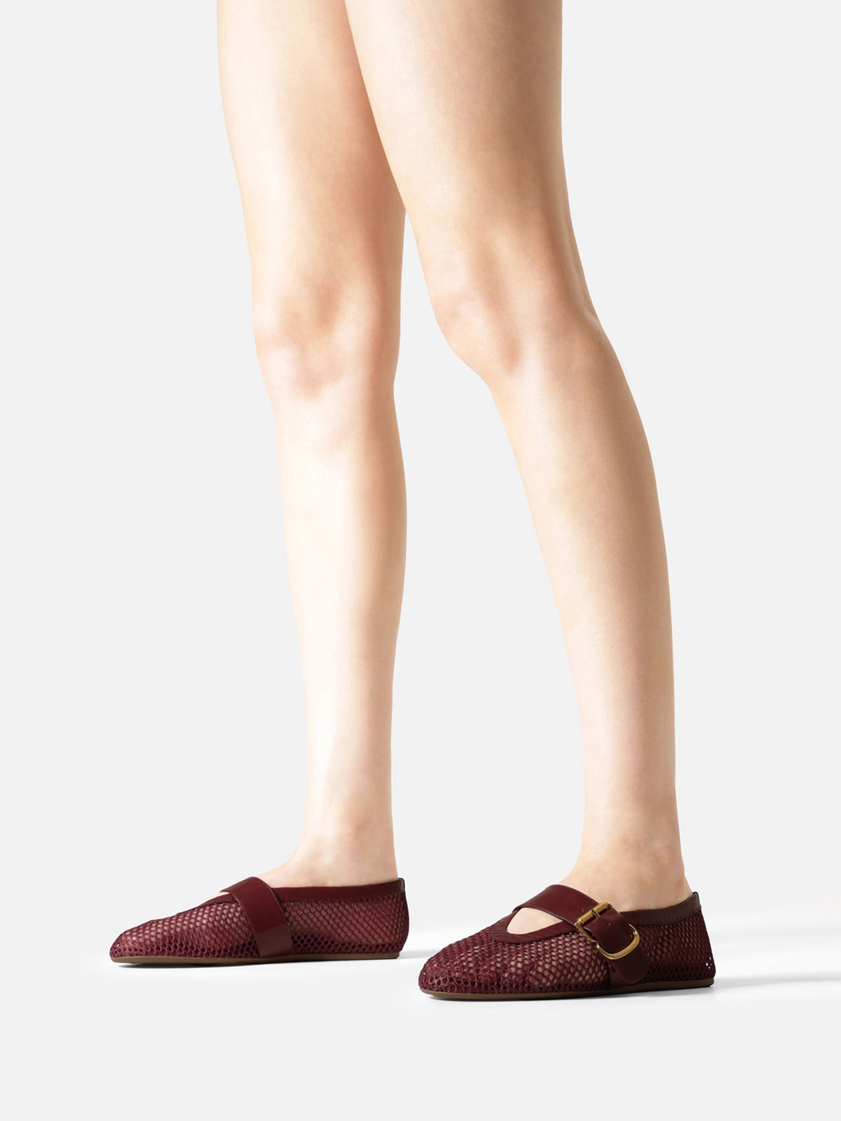 Dark Brown Mesh Round-Toe Buckle Wide Strap Slip-On Ballet Flats