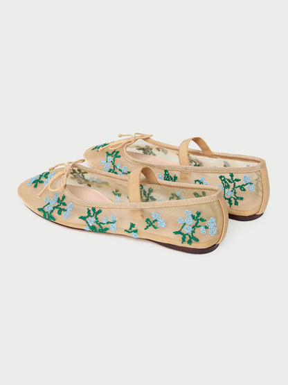 Caramel Mesh Round-Toe Flower Embroidery Front Bow And Middle Strap Ballet Flats