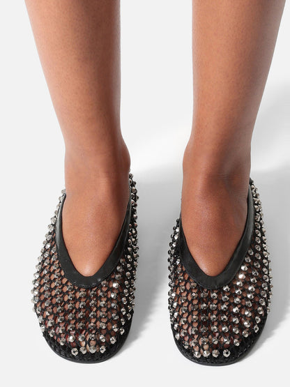 Black Rhinestone Mesh Round-Toe Slip-On Ballet Flats