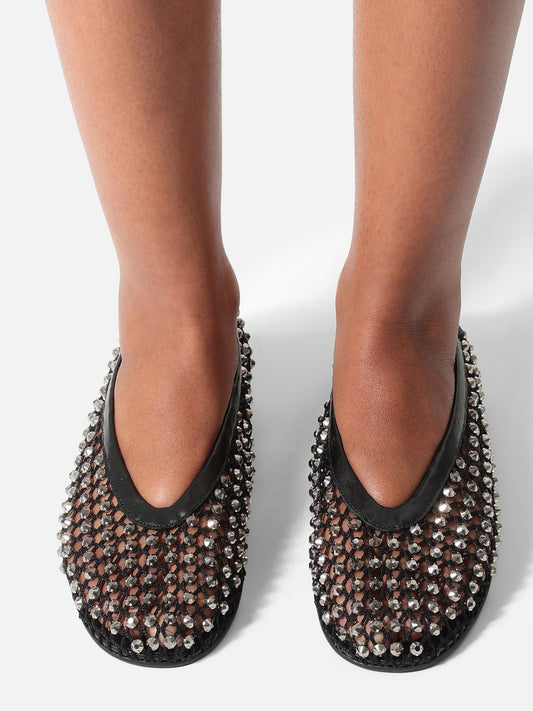 Black Rhinestone Mesh Round-Toe Slip-On Ballet Flats