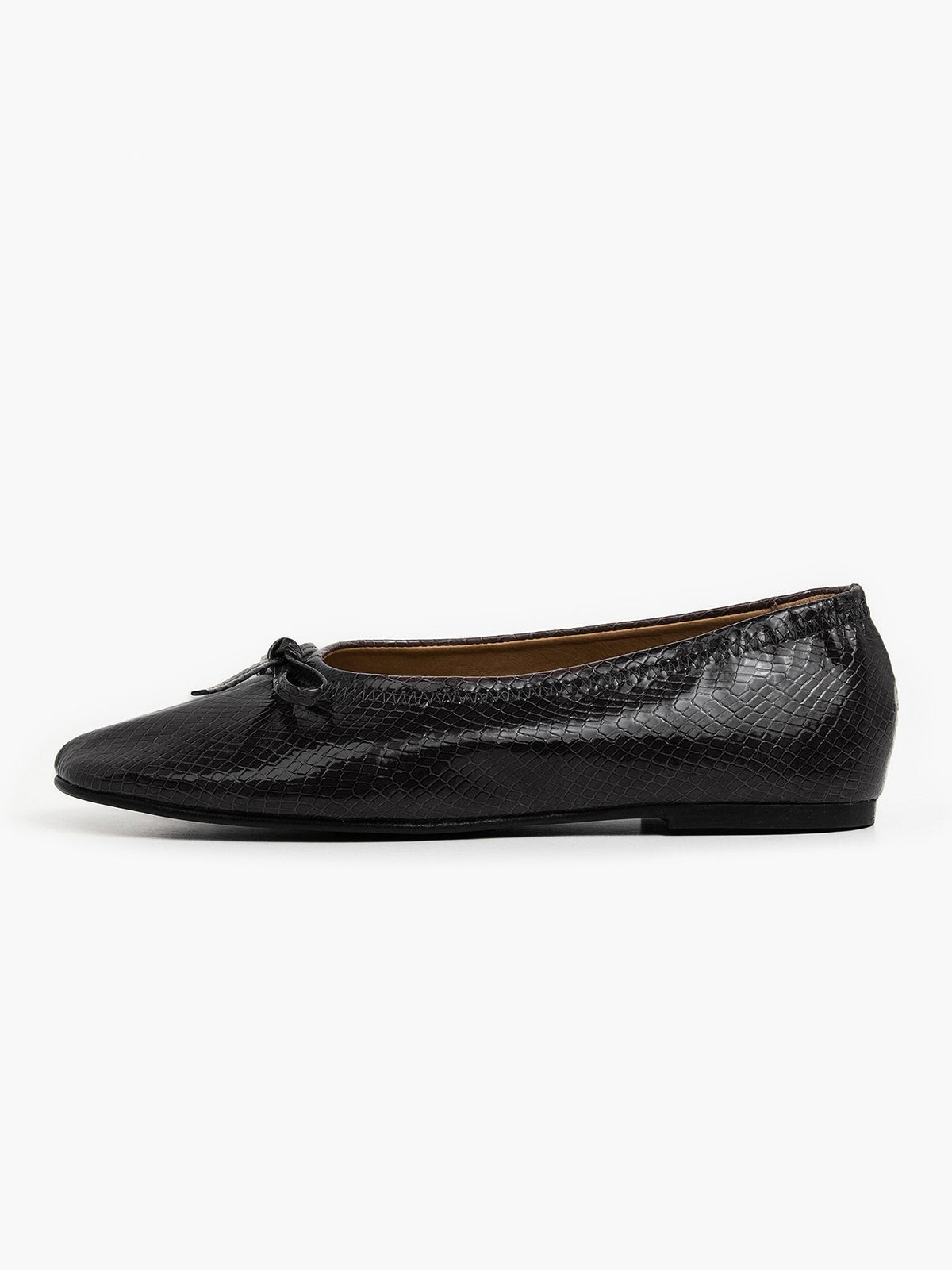 Black Snakeskin Pattern Classic Square-Toe Front Bow Simple Ballet Flats