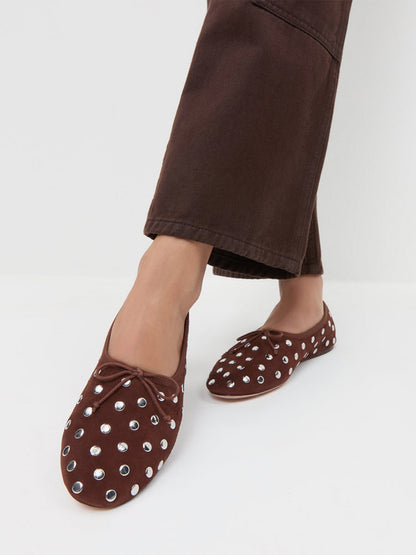 Coffee Faux Suede Round-Toe Chic Front Bow Slip-On Studs Ballet Flats