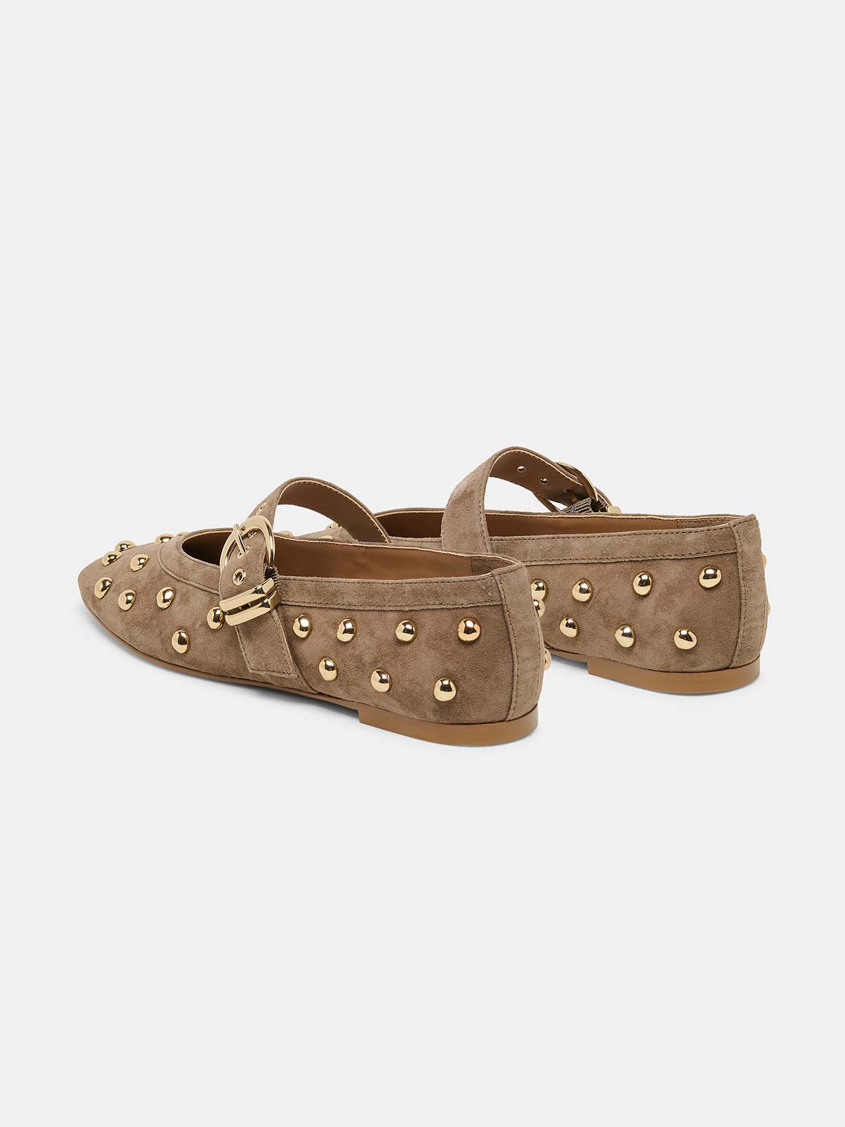 Taupe Faux Suede Square-Toe Buckle Mary Jane Strap And Full Studs Ballet Flats