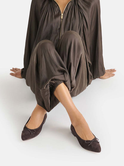 Coffee Faux Suede Pointed-Toe Front Bow Slip-On Chic Flats
