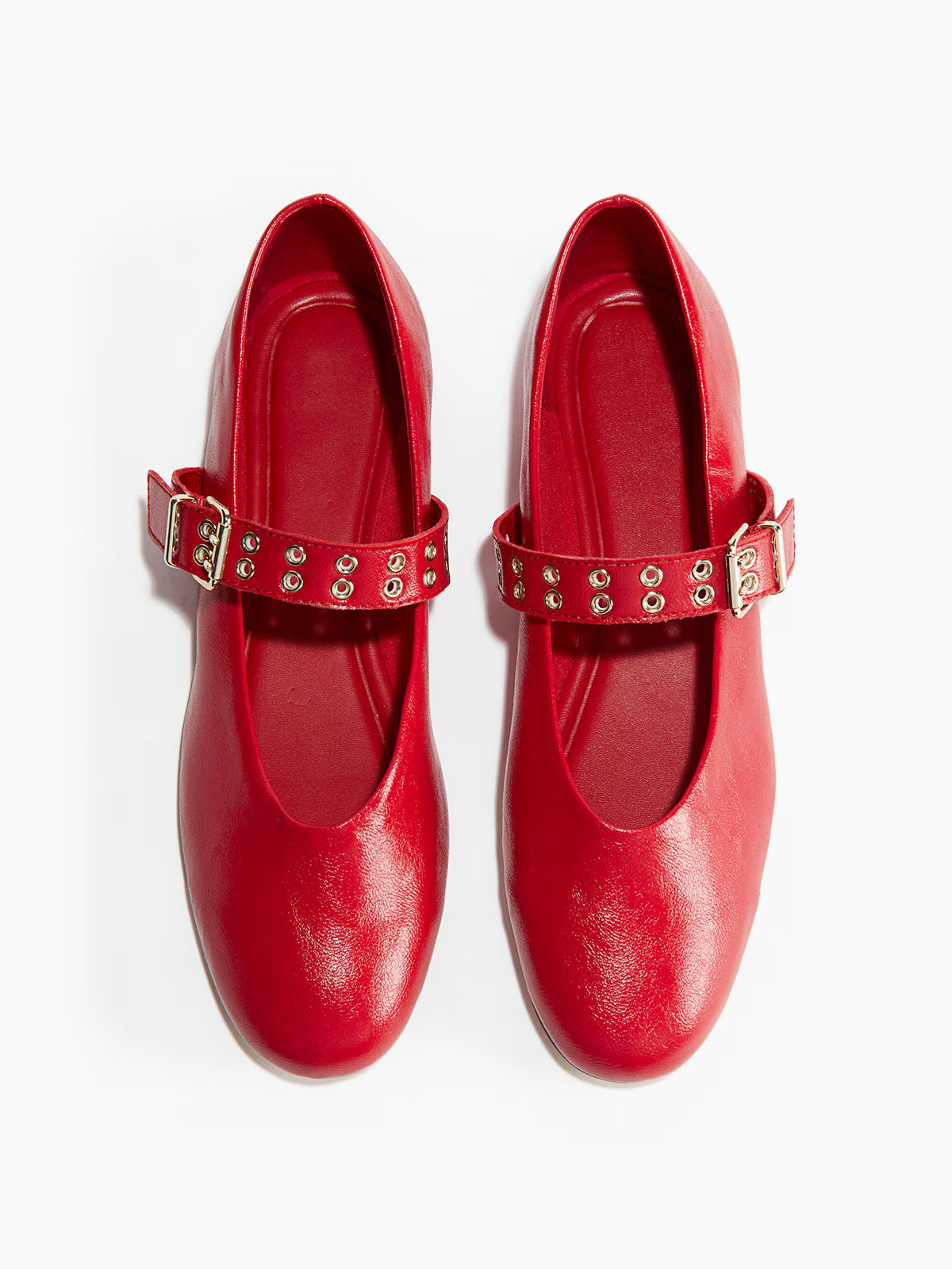 Red Round-Toe Middle Strap With Eyelets Ballet Flats