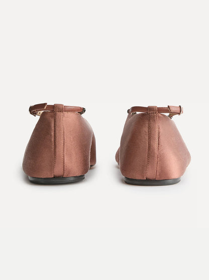 Coffee Satin Square-Toe Slip-On And Ankle Strap Ballet Flats
