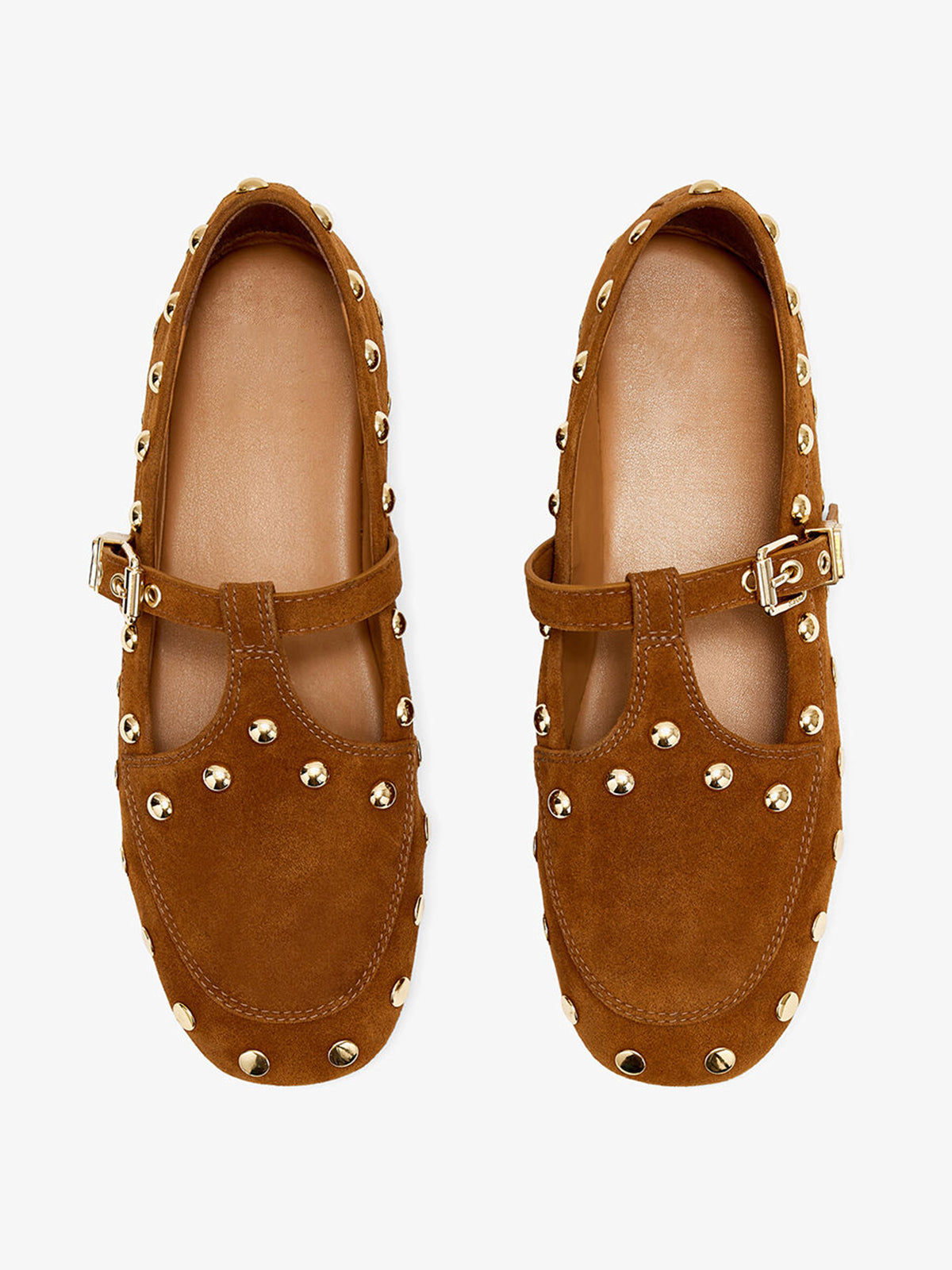 Brown Faux Suede Round-Toe Studs And Middle Strap Chic Flats