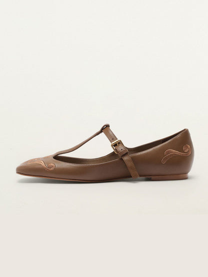 Caramel Square-Toe Middle Strap Chic Embroidery Ballet Flats
