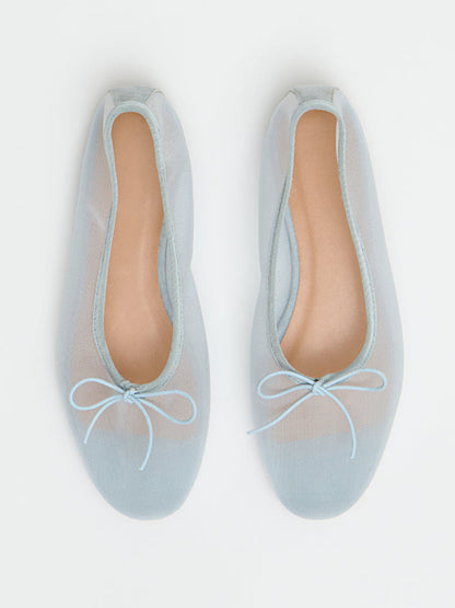 Blue Mesh Round-Toe Simple Chic Ballet Flats With Front Bow