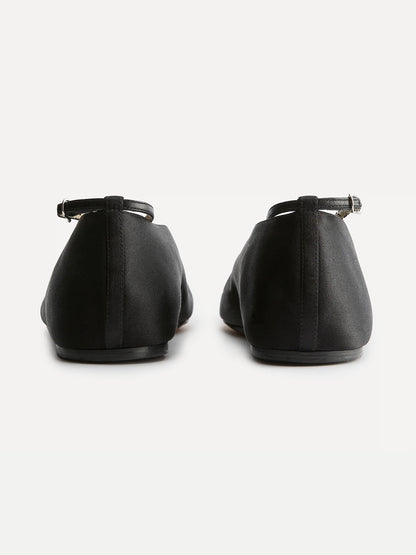 Black Satin Square-Toe Slip-On And Ankle Strap Ballet Flats