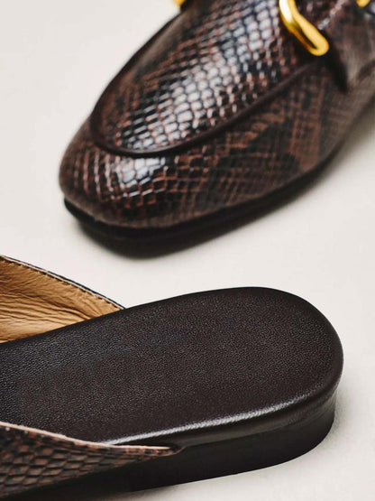 Snakeskin Pattern Vegan Leather Square-Toe Slip-On Backless Loafers Flats