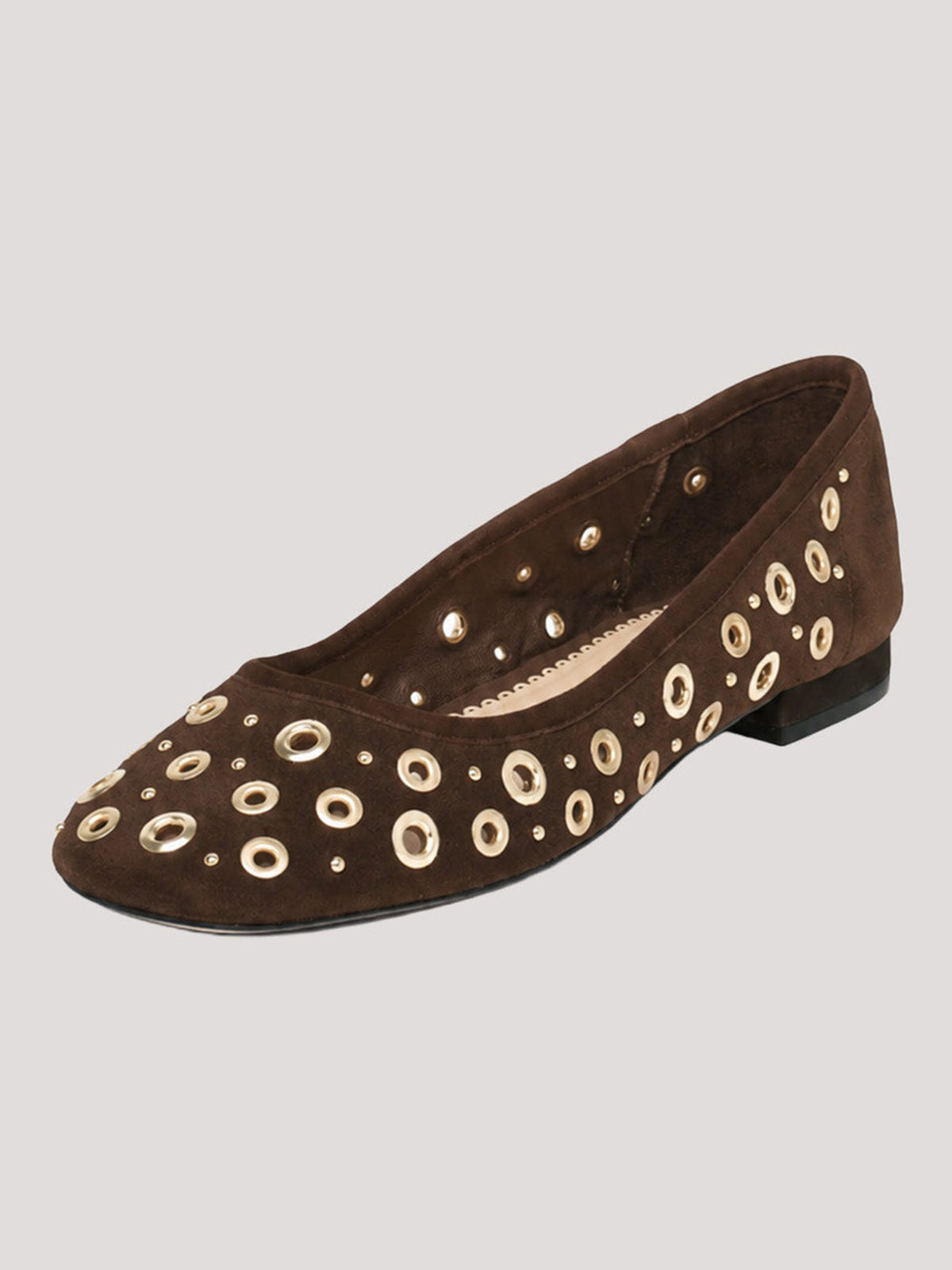 Chocolate Faux Suede Square-Toe Studs And Eyelets Slip-On Ballet Flats