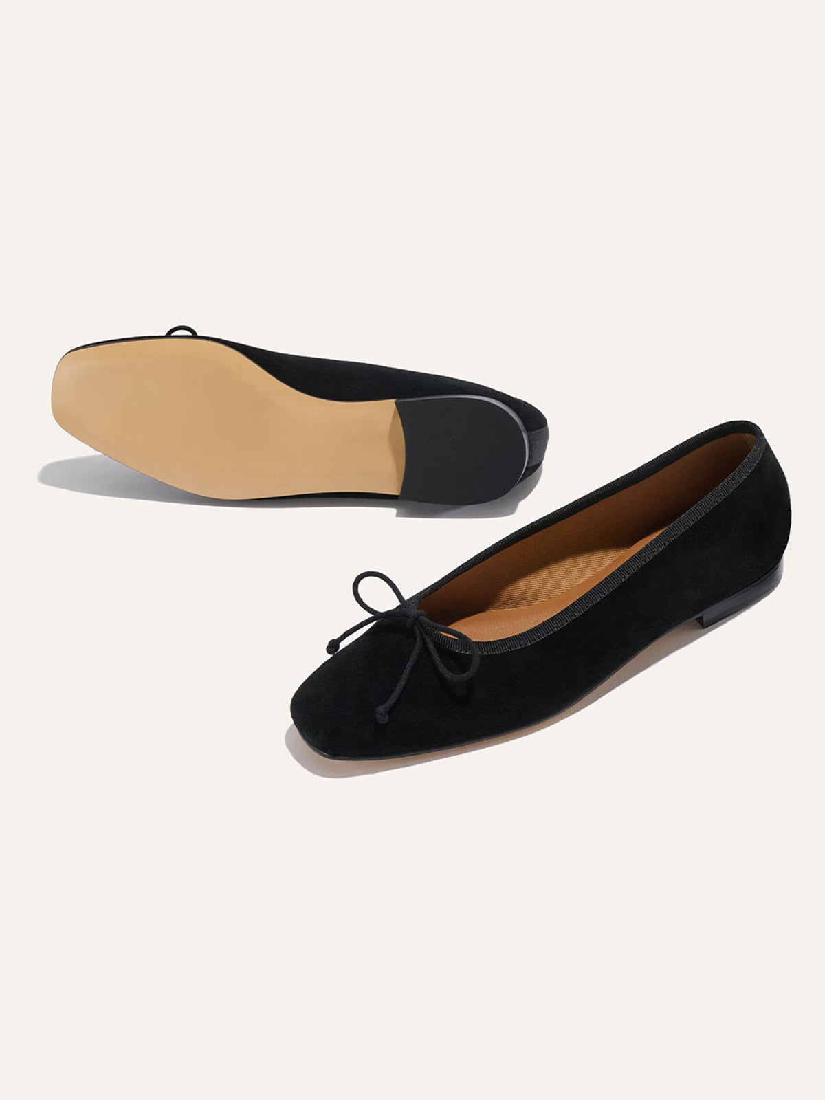 Front Bow Square-Toe Slip-On Chic Ballet Flats - Black Faux Suede