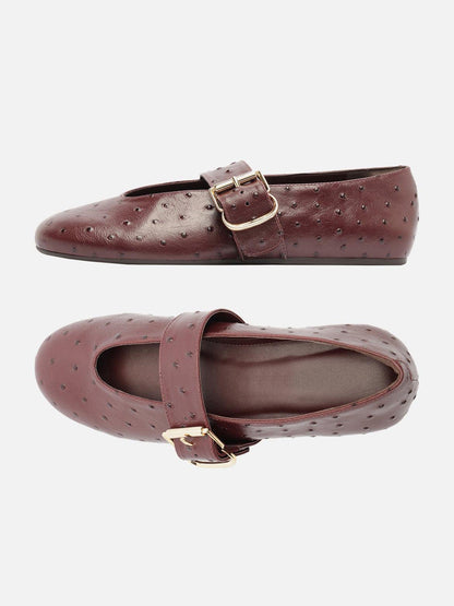 Red Ostrich Pattern Vegan Leather Round-Toe Mary Jane Chic Ballet Flats