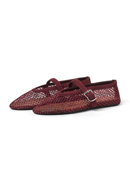 Dark Red Mesh And Faux Suede Round-Toe Buckle Mary Jane Ballet Flats