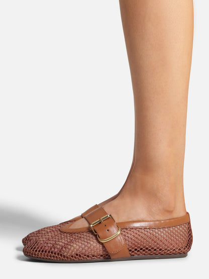 Brown Mesh Round-Toe Buckle Wide Strap Slip-On Ballet Flats