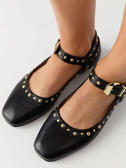 Black Square-Toe Buckle Ankle Strap Ballet Flats With Studs