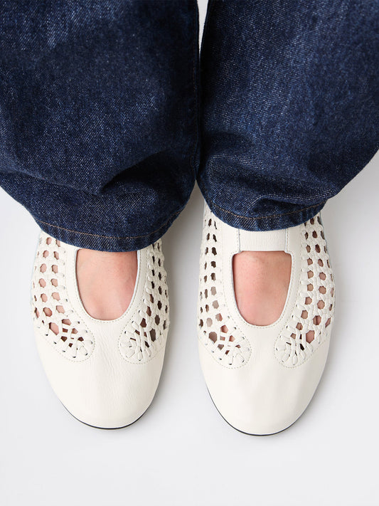 Cream Woven Vegan Leather Round-Toe Chic Mary Jane Flats