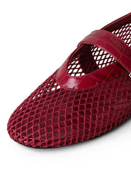 Red Mesh And Crocodile Pattern Vegan Leather Round-Toe Mary Jane Ballet Flats