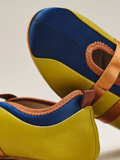 Green Vegan Leather And Satin Round-Toe Double Middle Strap Sporty Ballet Sneakers
