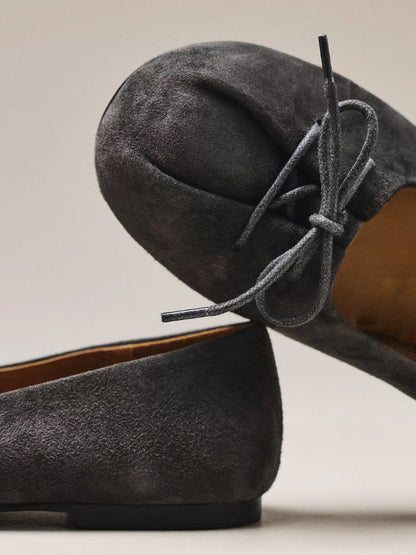 Dark Gray Faux Suede Round-Toe Front Bow Ballet Slip-On Flats