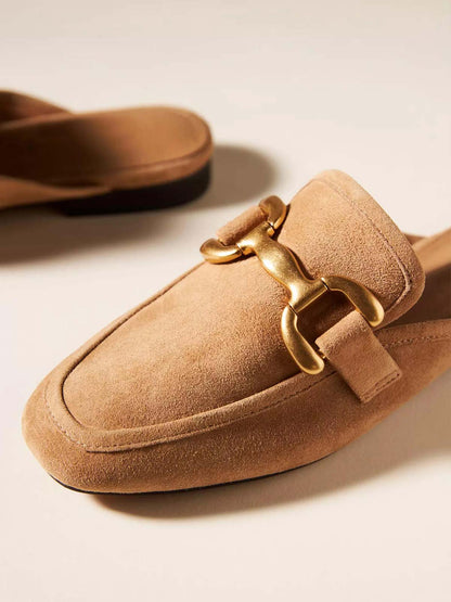 Camel Faux Suede Square-Toe Slip-On Backless Loafers Flats
