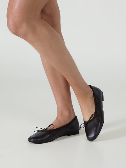 Chocolate Round-Toe Chic Front Bow Slip-On Ballet Simple Flats