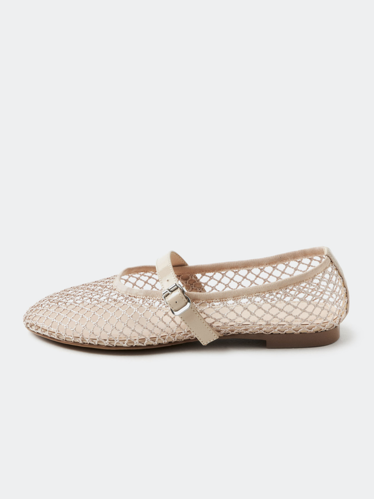 Fishnet Round-Toe Ballet Flats Mary Janes With Buckled Strap In Beige