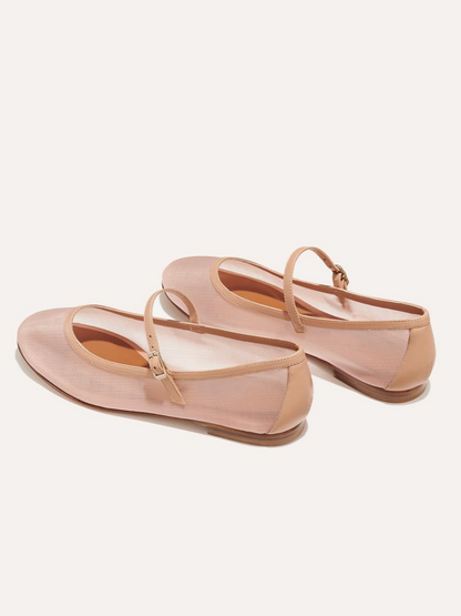 Light Pink Mesh Round-Toe Ballet Flats Mary Janes With Buckled Strap