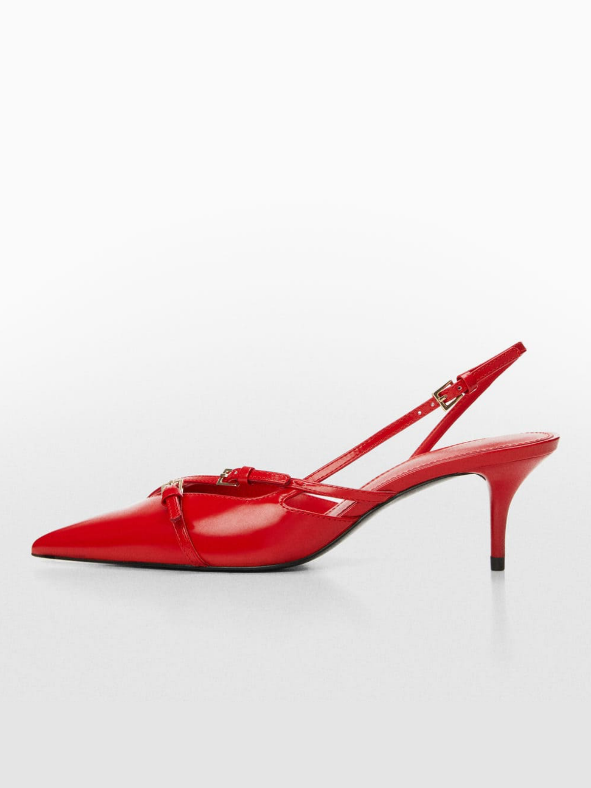 Red Vegan Leather Pointy Kitten Heeled Slingback Shoes With Buckles