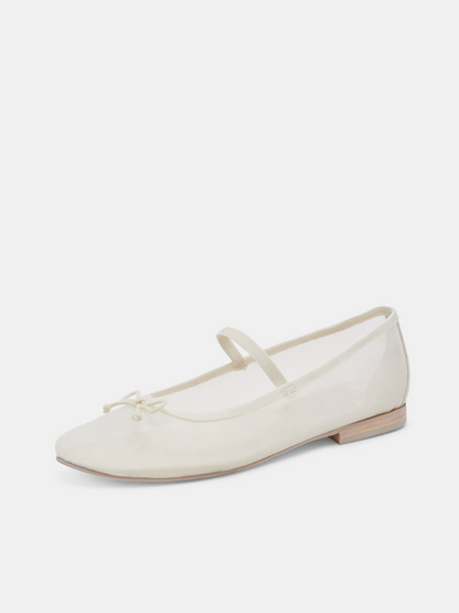 Bow Round-Toe Ballet Flats Mary Janes in White Mesh