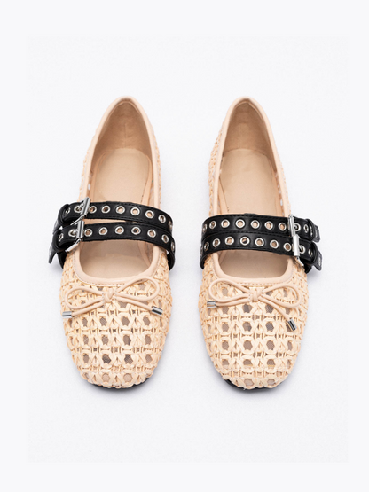 Nude Raffia Woven Bow Ballet Flats Mary Janes With Grommet Buckled Straps