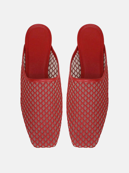 Red Mesh Square-Toe Chic Backless Simple Flats