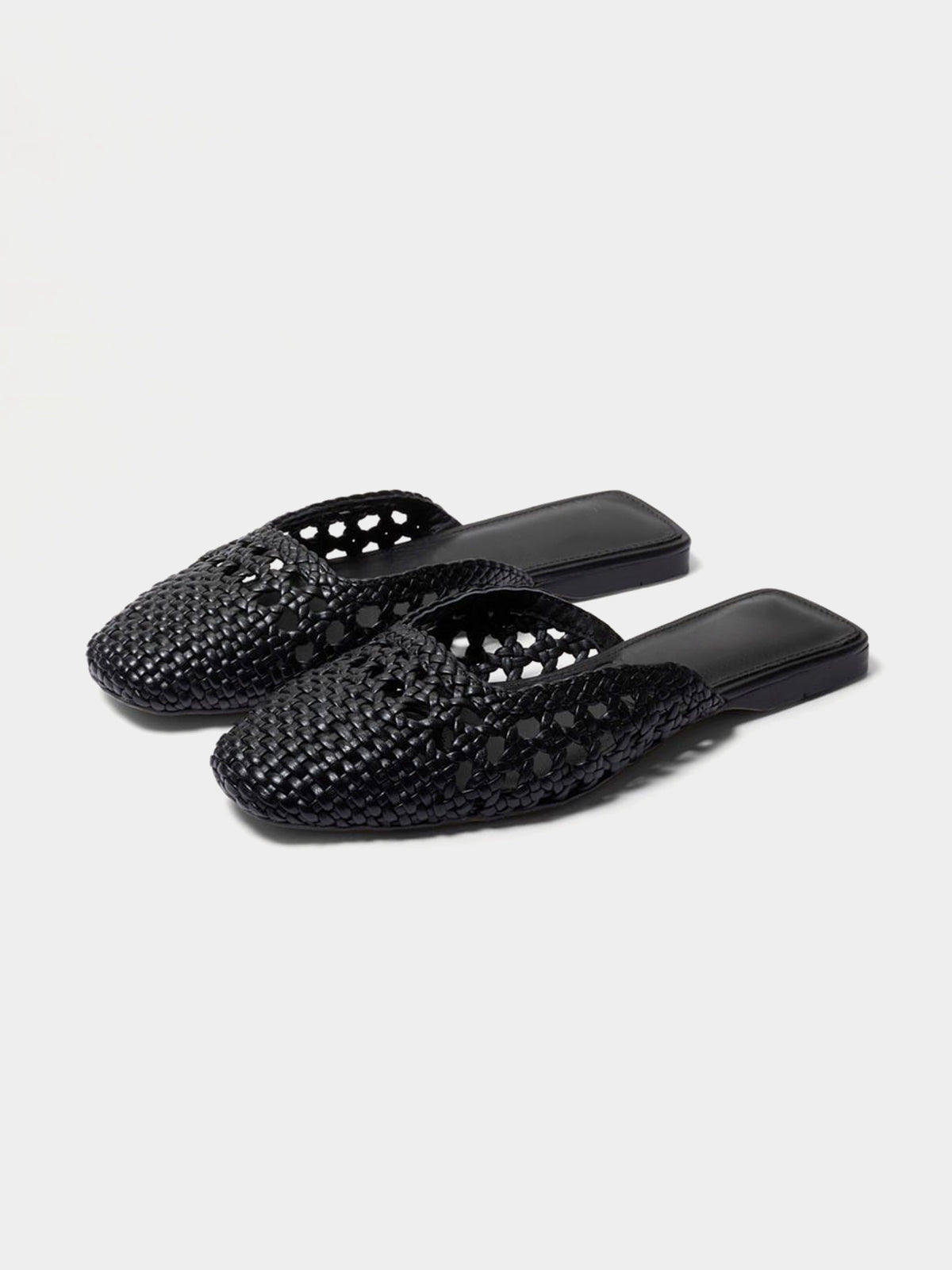 Woven Vegan Leather Square-Toe Cutout Backless Flats - Black