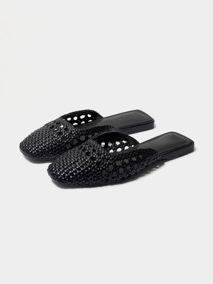 Woven Vegan Leather Square-Toe Cutout Backless Flats - Black