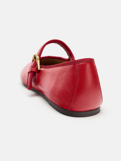 Red Round-Toe Buckle Middle Strap Slip-On Ballet Chic Flats