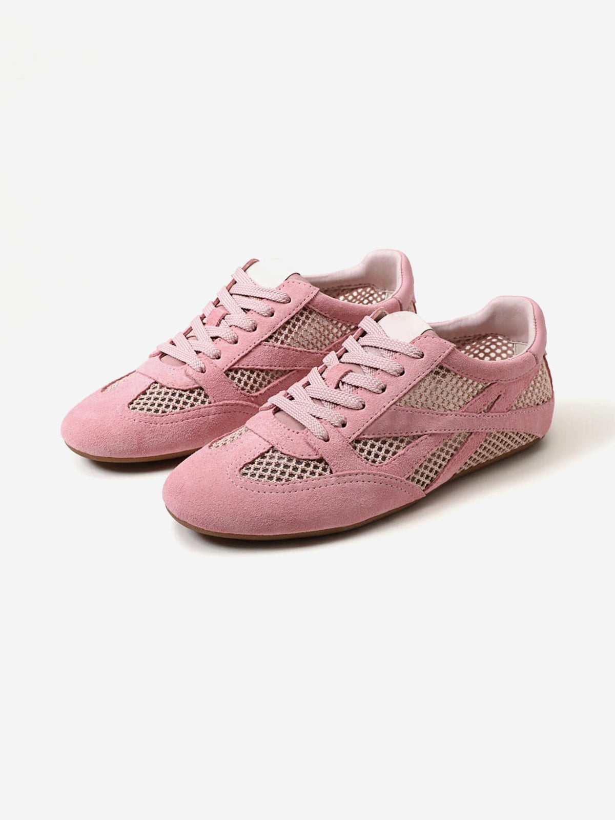 Pink Cow Suede And Mesh Round-Toe Chic Lace-Up Flats Sneakers