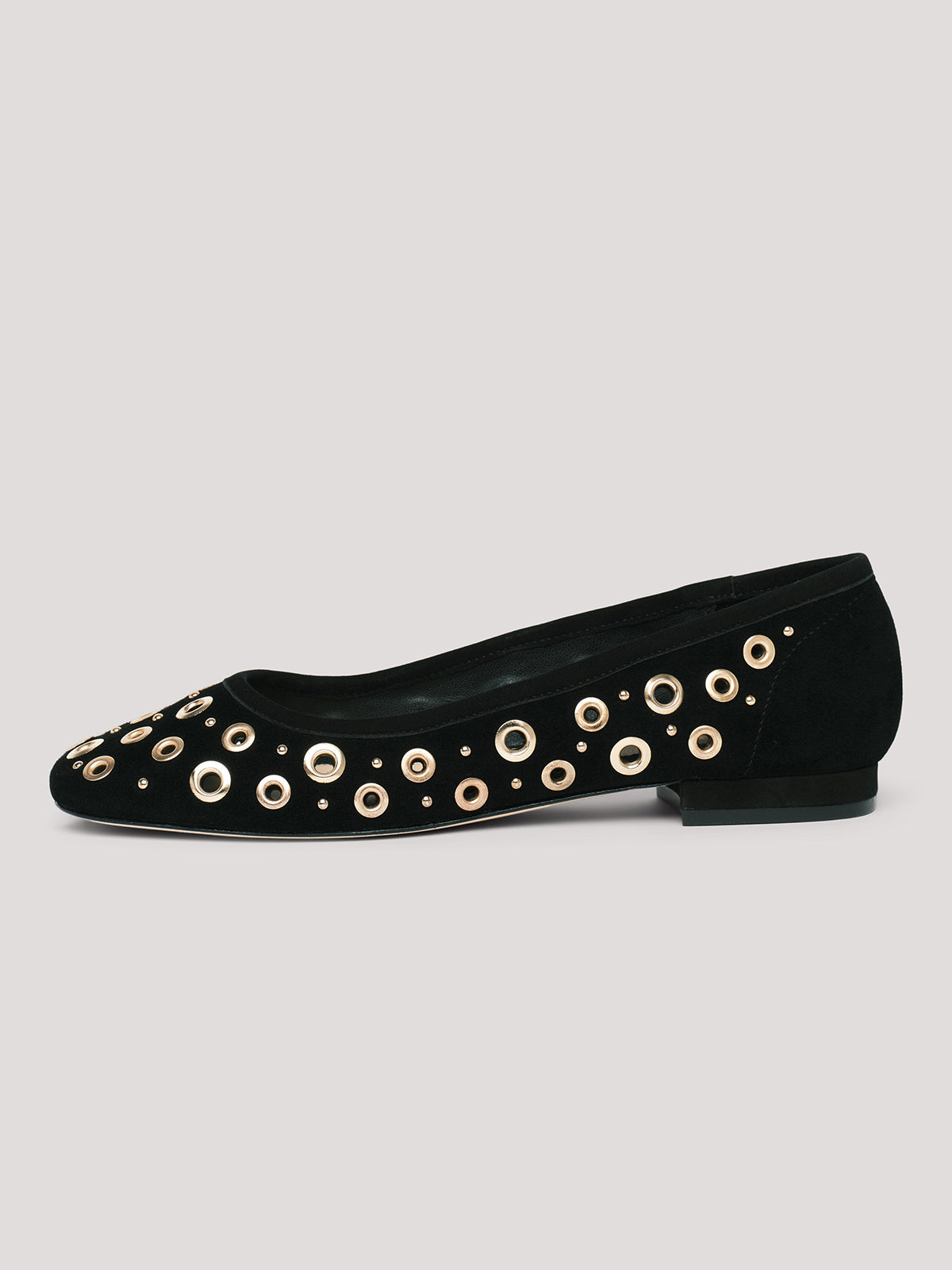 Black Faux Suede Square-Toe Studs And Eyelets Slip-On Ballet Flats