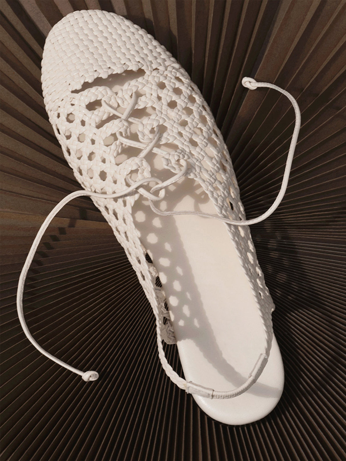 Ivory Woven Vegan Leather Round-Toe Lace-Up And Slingback Flats Sandals