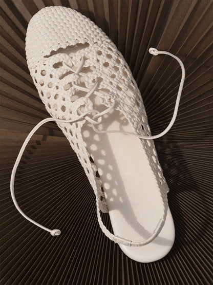 Ivory Woven Vegan Leather Round-Toe Lace-Up And Slingback Flats Sandals