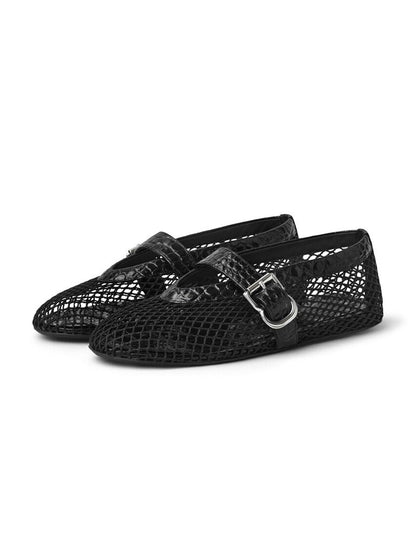 Black Mesh And Crocodile Pattern Vegan Leather Round-Toe Mary Jane Ballet Flats