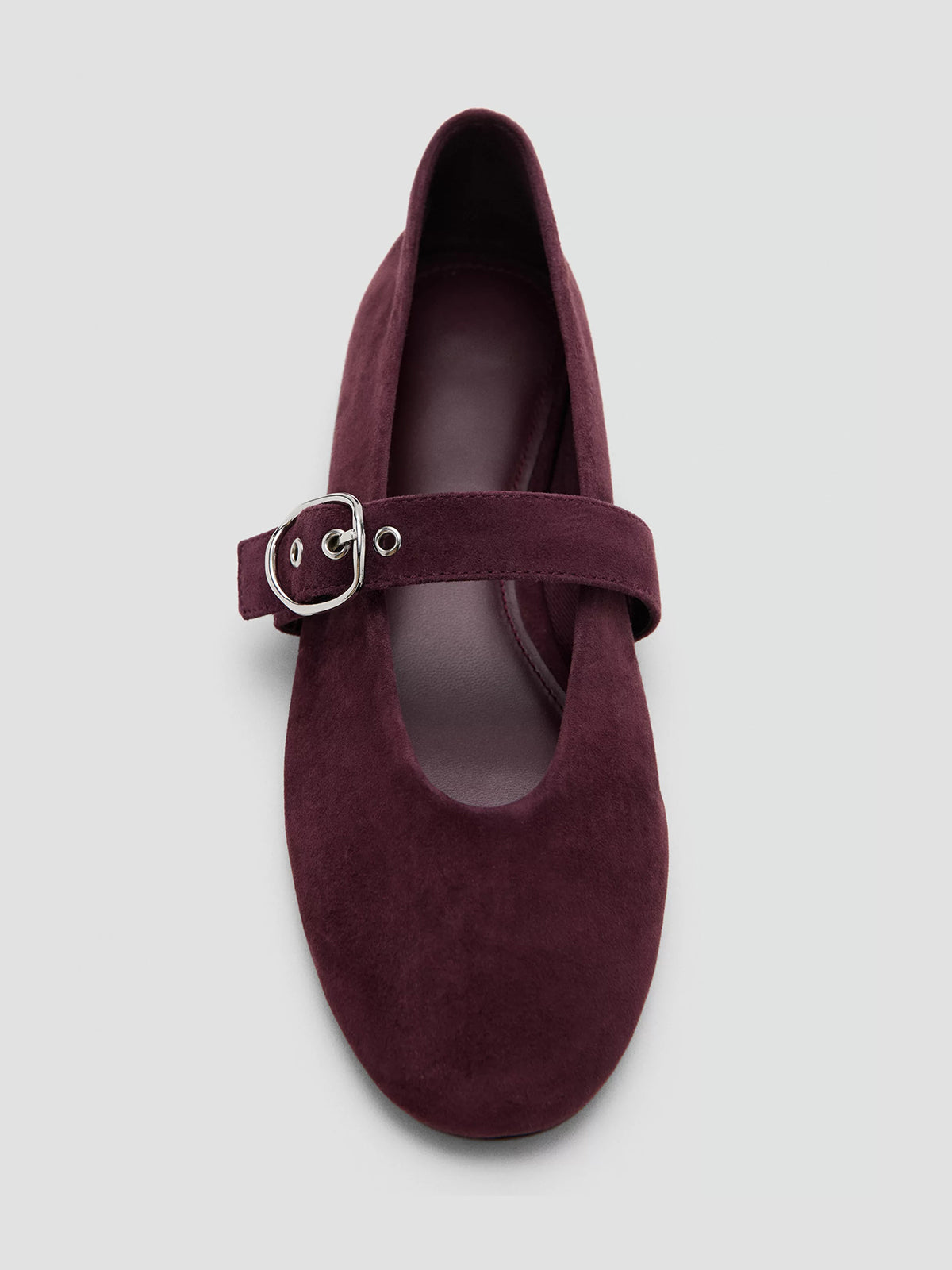 Burgundy Faux Suede Round-Toe Buckle Mary Jane Ballet Flats