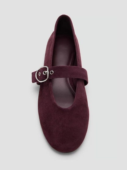 Burgundy Faux Suede Round-Toe Buckle Mary Jane Ballet Flats