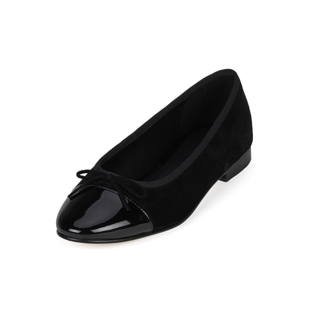 Wine Red Faux Suede And Patent Leather Round-Toe Front Bow Ballet Flats