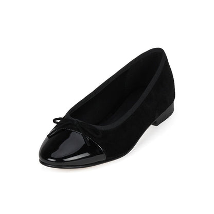 Wine Red Faux Suede And Patent Leather Round-Toe Front Bow Ballet Flats