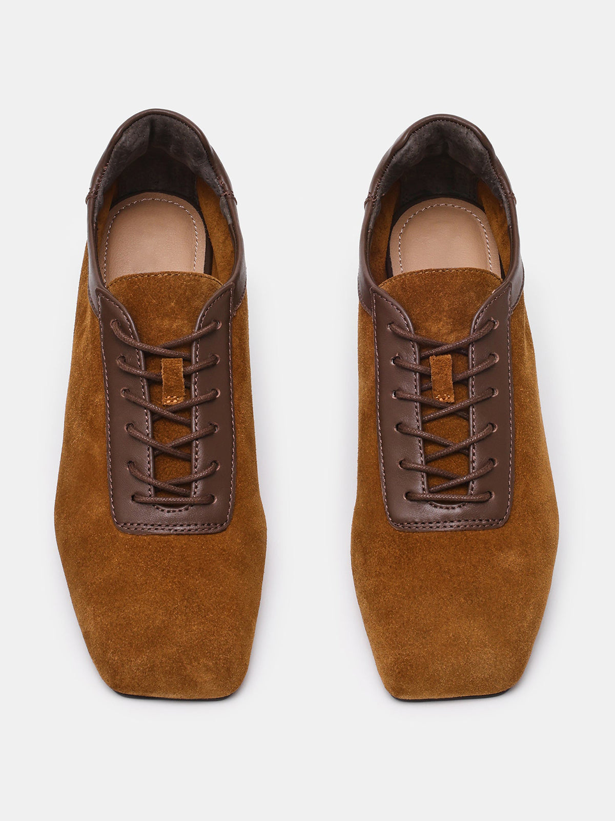 Tan Square-Toe Simple Lace-Up Chic Flats